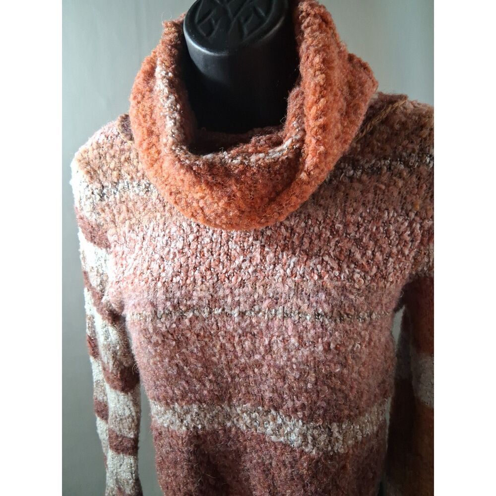 Free People Striped Cowl Neck Knit Sweater Earth Tones Fuzzy Chunky Pullover S